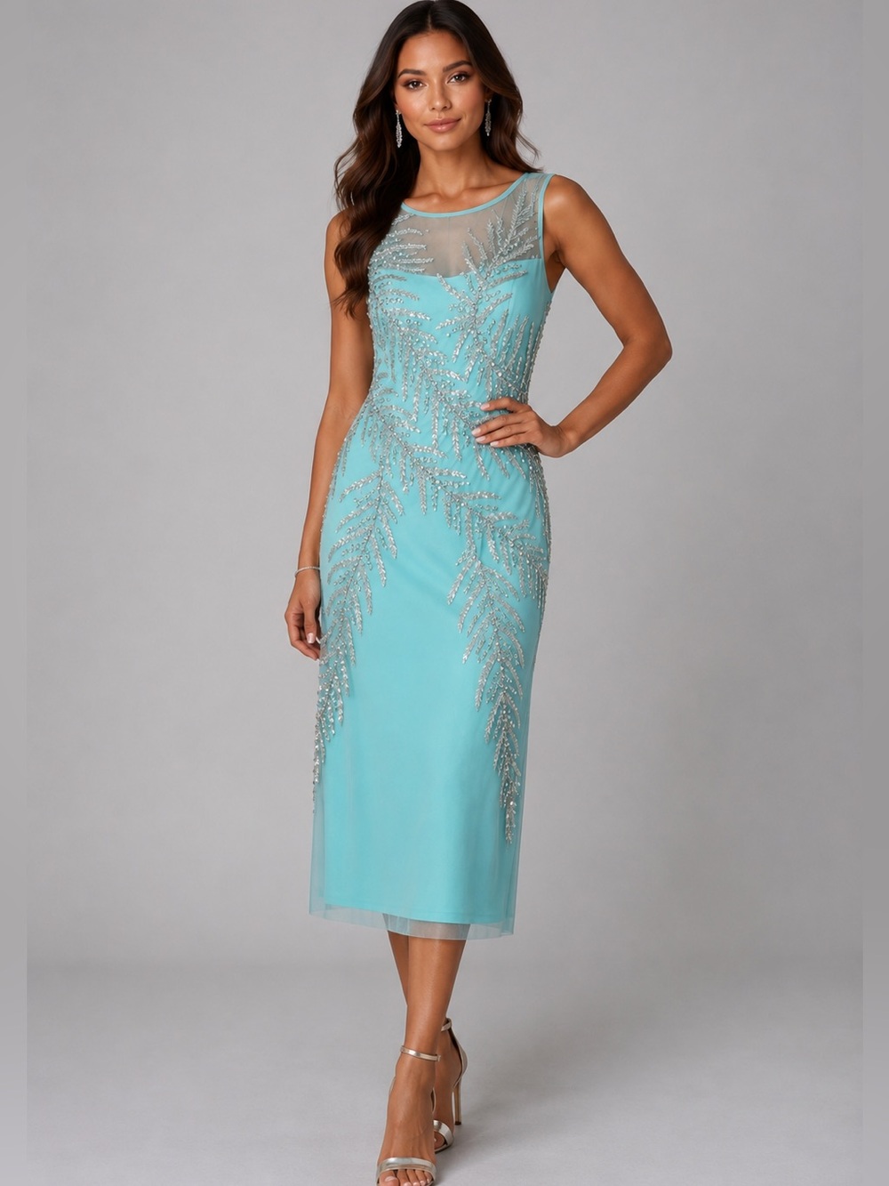 NWT MGNY Madeline Gardner Seaglass  Sequin Embellished Illusion Mesh Midi 8